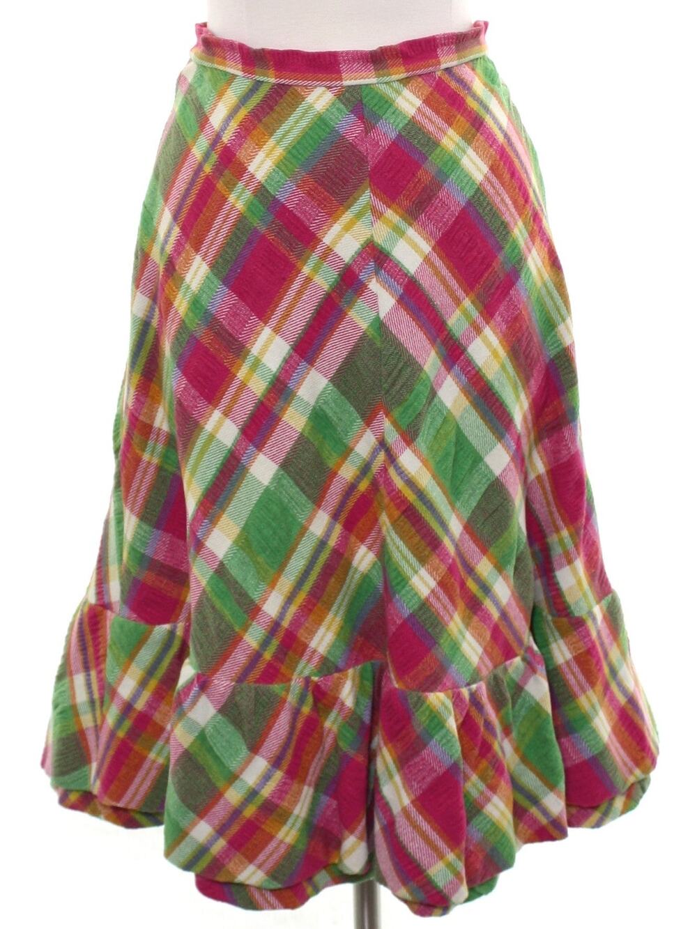 Vintage 1970s Handmade Pink Green Plaid Chevron Ruffle Midi Skirt 28"